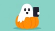 © sdfe - Ghost in pumpkin holding smartphone.