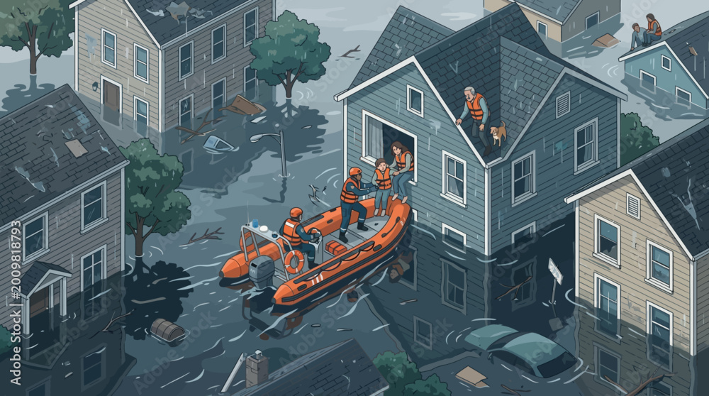 Isometric illustration depicts rescue workers in an inflatable boat ...