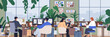 © Good Studio - Modern office interior workspace. Corporate work environment, business team, employees sitting at tables, back view. People at computer desks in open space workplace. Flat vector illustration