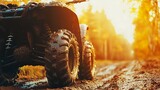 Close-up of muddy ATV tires on a forest dirt road at sunset