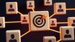 © Maryna - Blocks with people icons connect to central target with arrow. Digital network links individuals toward common goal. Teamwork and communication drive success in business.
