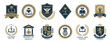 © Tartila - University and college emblems with academic shields, badges and seals, premium education vector set featuring book, owl, torch, laurel wreath, crown and lion symbols