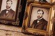 © Maryna - Two antique ornate picture frames hold vintage portraits of men. Golden and dark frames rest on a rustic wooden table, showing formal attire and historical poses.