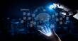 © InfiniteFlow - Futuristic Robotic Hand Interacting with Digital Brain and Data Representation in a High-Tech Environment for AI and Machine Learning Concepts Cyphers