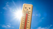 © AucArtStudio - Heat wave summer thermometer sun sky temperature hot climate sunlight extreme heat wave concept. Heat wave extreme summer, sun high temperature hot weather, global warming, heat stroke