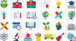 © MdMahfizur - Set of education and school vector icons featuring books school bus globe microscope owl and science equipment isolated on white background for learning design.