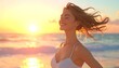 © Kiki - Joyful woman with windswept hair at sunset on the beach, warm golden light, serene atmosphere, happiness and freedom