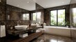 © Masque - Modern bathroom interior with a spacious layout featuring twin basins and a large mirror.