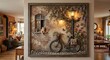 © DnQajik - Highly detailed 3D wall art depicting a rustic brick cottage scene with a cat in the window, a bicycle, a street lamp, and flowers