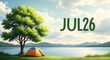 © PhotoArtHub - A serene lakeside scene with a vibrant orange tent under a lush green tree, representing summer camping and outdoor adventure, with 'JUL 26' displayed.