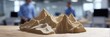 © Luwie - 3D Printed Mountain Topography Model on a Table with Blurred Office Background.