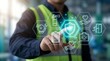 © CuteBee - Industrial safety officer touching glowing health and safety interface with icons for medical and fire protection in factory environment ensuring workplace security and compliance