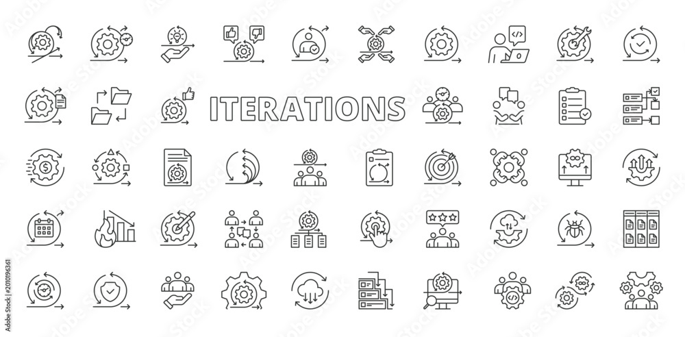 Iterations icons in line design. iteration, loop, cycle, repeat ...