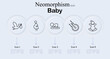 © Anastasia - Baby set icon. Stork bird carrying newborn bundle, pregnant woman silhouette, crawling baby child figure, rattle toy with sound lines, sitting baby toddler pose
