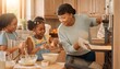 © pokku - Joyful Family Baking: A Sweet Candid Scene of Children Cracking Eggs and Whisking Batter While Their Mother Adjusts a Baking Tray in a Sun-Drenched Kitchen