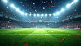 Green soccer field with bright floodlights and falling colorful confetti.