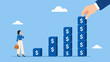 © vector - Woman entrepreneur watching hand building upward financial stack of blue dollar box.
