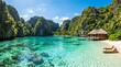 © Alvin - A serene tropical lagoon with crystal-clear turquoise water, nestled between lush limestone cliffs. Overwater bungalows and a sun-drenched beach offer a perfect island escape.