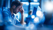 © Bonsales - Young man experiencing stress, headache, and burnout working late in a blue lit modern office