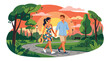 © Amie - Flat style vector illustration of romantic couple walking hand in hand in park at sunset, love and relationship concept