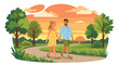 © Amie - Flat style vector illustration of romantic couple walking hand in hand in park at sunset, love and relationship concept