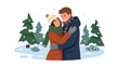 © Amie - Flat style vector illustration of couple hugging in snowy winter landscape, romantic seasonal concept