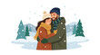 © Amie - Flat style vector illustration of couple hugging in snowy winter landscape, romantic seasonal concept