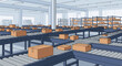 © dororo - Animated warehouse interior with multiple conveyor belts carrying many cardboard boxes