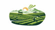© Hersa - Rolling green hills with farmers harvesting under a stylized sun and mountains