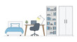 © MD - Minimalist bedroom design with white bed, thin-legged desk for working, and tall bookshelf filled with books and decorations.