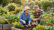 © Nataliia - Elderly couple gardening together in sunlight with vibrant flowers