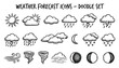 © SJB studio - Weather forecast doodle icons including sun, clouds, rain, snow, lightning, wind, and moon on transparent background vector.
