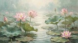 Impressionist oil painting of a tropical pond with blooming pink lotus flowers and green lily pads