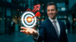 © ณภัทร วงค์มาวิวัฒน์ - Hitting the Bullseye: An ambitious figure with a suit and tie demonstrates the attainment of an ambitious goal with a vibrant visual of a successful business concept.