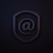 © Vadim - Dark-blue Shield with mail and e-mail icon isolated on black background. Guard sign. Security, safety, protection, privacy concept. Minimalism concept. 3D render illustration