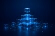 © emwe studio - Futuristic digital data block structure. Glowing blue transparent cubes stacked in a pyramid representing blockchain hierarchy and database network.