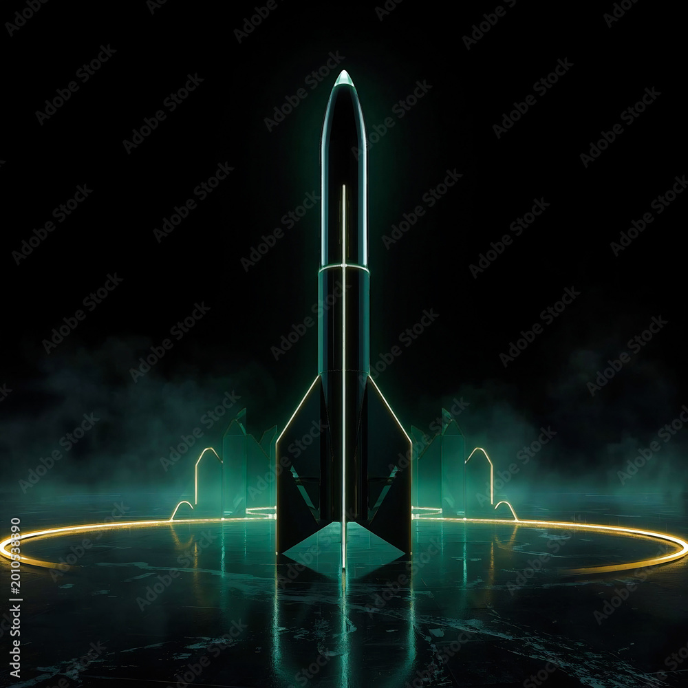 Youm‑e‑Takbeer Futuristic Rocket Launch with Green Neon Glow and Misty ...