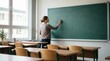 © Alexey - Teacher writing on a chalkboard in an empty classroom with math and physics formulas, representing stem education, academic learning and professional tutoring concept