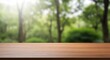 © Jesmin - Empty wooden tabletop with blurred forest background natural light