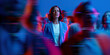 © Parisa - Modern leadership concept with poised woman standing apart from bustling neon glitch crowd