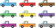 © Aminul - Colorful pickup truck vector collection featuring nine flat icons of transport vehicles in different shades for commercial delivery cargo and automotive graphic design.