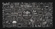 © Afra - Coffee doodle set chalk style hand drawn icons with sweet desserts on blackboard texture.