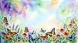 © Yuliia - Watercolor spring meadow with colorful butterflies and wildflowers, soft pastel background with copy space for greeting cards and invitations.
