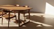 © SashaMagic - Modern wooden dining set bathed in warm morning light, creating a peaceful ambiance in an empty, minimalist room with copy space