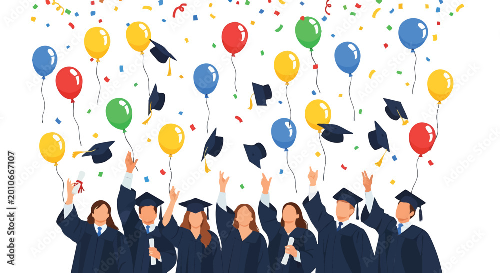 Graduation Celebration with Students Tossing Caps and Balloons. Stock ...