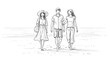 © junijon - Minimalist black and white illustration of three friends, two women and a man, enjoying a relaxed walk along the seashore on a sunny day.