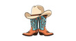 © The-Nazmun  - Classic set of colorful cowboy boots and a stylish tan felt hat positioned on a clean white background for western fashion and culture design.