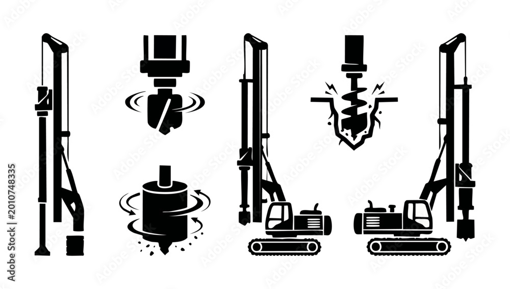 Piling rig construction machine icon set, industrial drilling equipment ...
