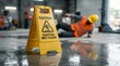 © Nats - Workplace accident risk shown by a caution sign on a slippery floor and an injured worker lying down.