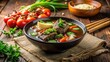 © udomsak - A photo of traditional Sup Konro beef rib soup from Bugis and Makassar garnished with vegetables and herbs served in a black bowl on a wooden board